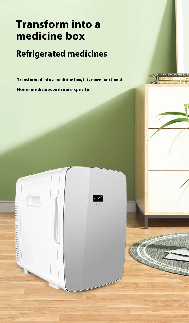 White compact refrigerated medicine box with digital display in modern room setting