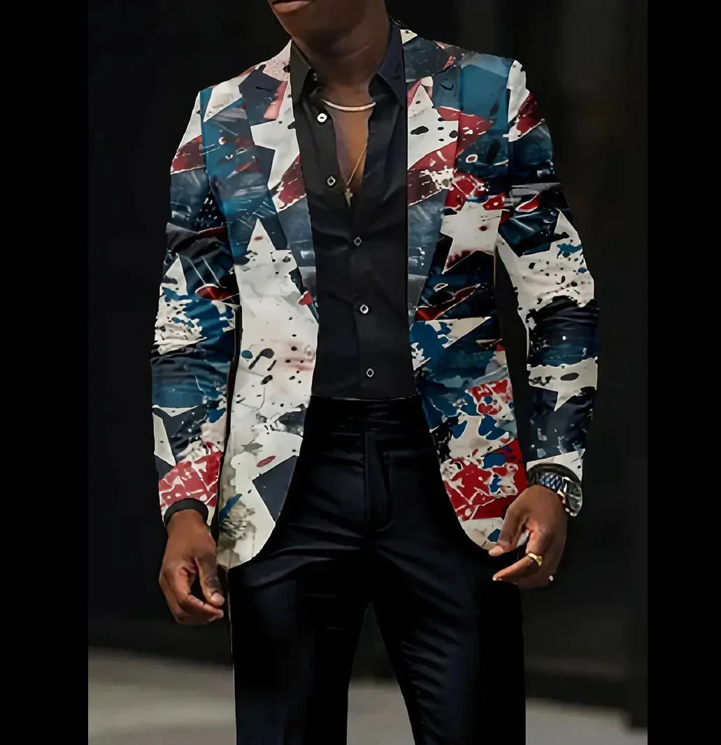 Men’s slim fit blazer with abstract red, blue, and white print, paired with black shirt and pants