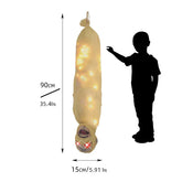 Hanging cocoon Halloween prop with glowing lights, wrapped in beige fabric, 90 cm tall.