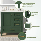 Green solid wood cabinet with gold handles, smooth matte finish, and soft-close doors.
