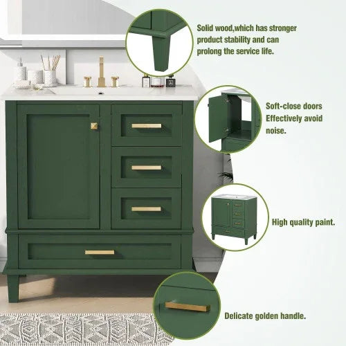 Green solid wood cabinet with gold handles, smooth matte finish, and soft-close doors.