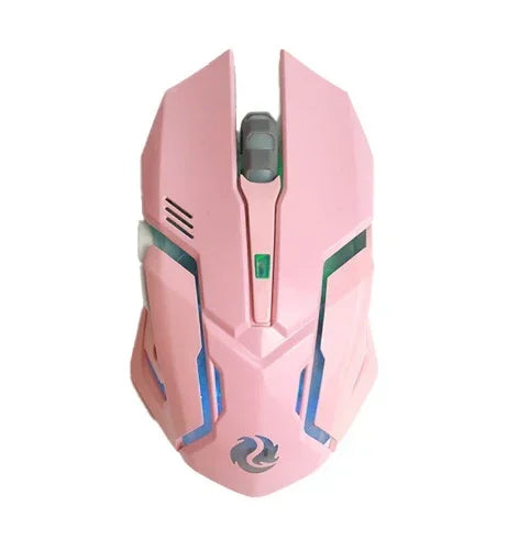 Futuristic pink wireless mouse with angular design and LED accents