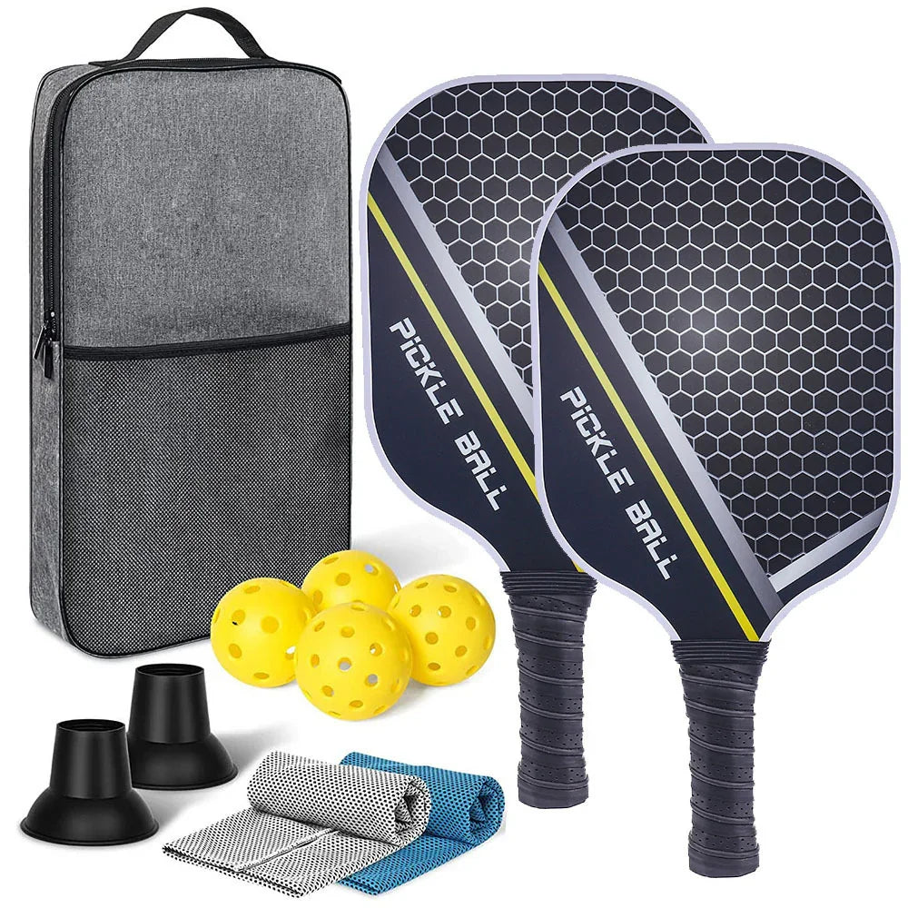 Pickleball paddle set with two black honeycomb paddles, yellow balls, accessories, and a grey carrying case.