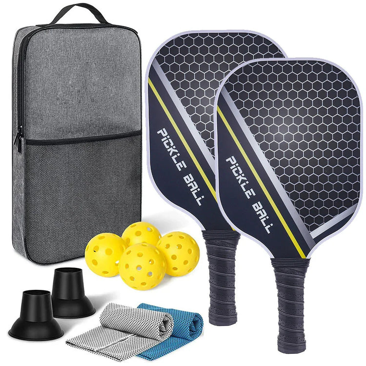 Pickleball paddle set with two black honeycomb paddles, yellow balls, accessories, and a grey carrying case.