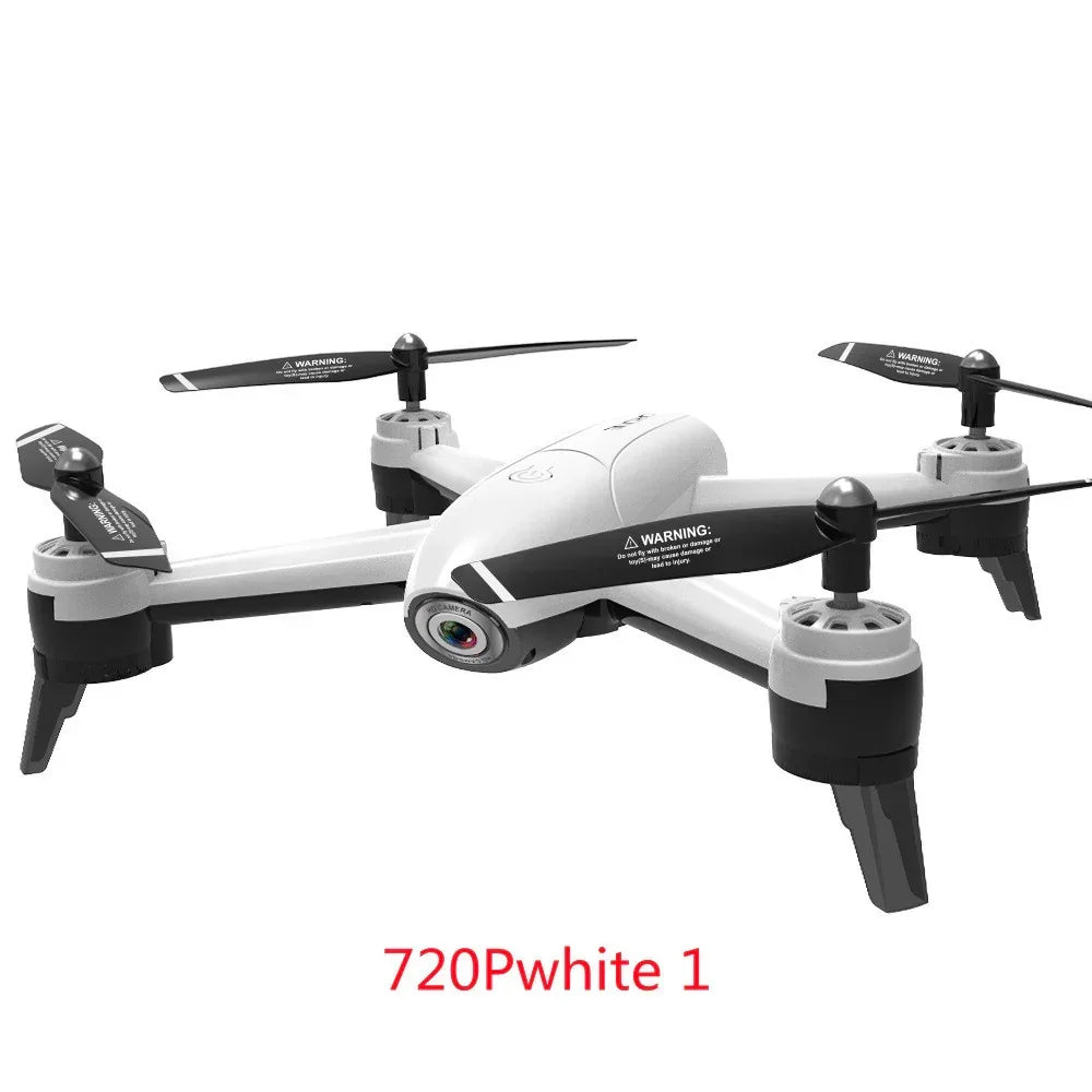 White quadcopter drone with black propellers, compact design and built-in 720P camera.