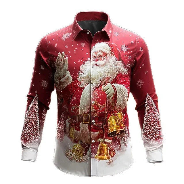 Red long sleeve button-up shirt with festive Santa Claus and Christmas tree print, regular fit.