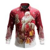 Red long sleeve button-up shirt with festive Santa Claus and Christmas tree print, regular fit.