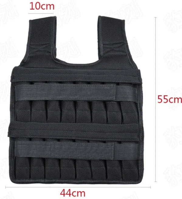 Black tactical vest with wide straps, durable fabric and multiple front pockets, 44x55cm size.