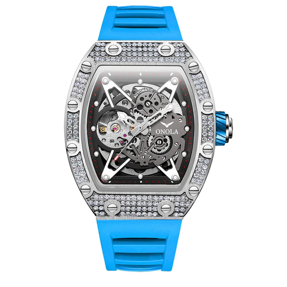 Luxury skeleton watch with diamond-studded silver bezel and blue silicone strap