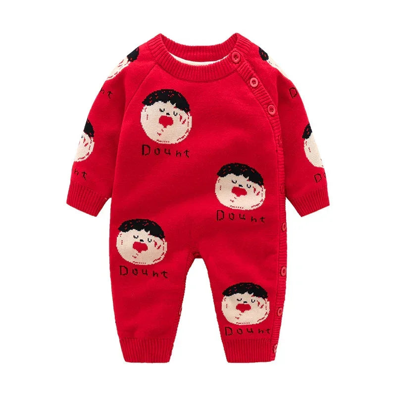 Red knit baby romper with cartoon face print, long sleeves, button front, relaxed fit