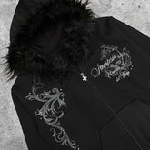 Black zip-up hoodie with faux fur hood, silver gothic embroidery, relaxed fit, streetwear style