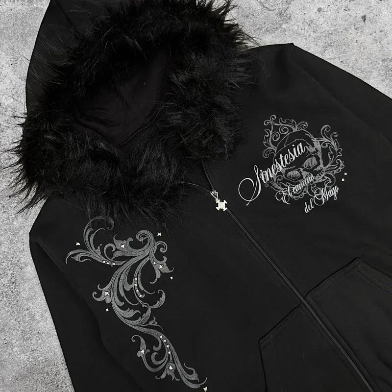 Black zip-up hoodie with faux fur hood, silver gothic embroidery, relaxed fit, streetwear style