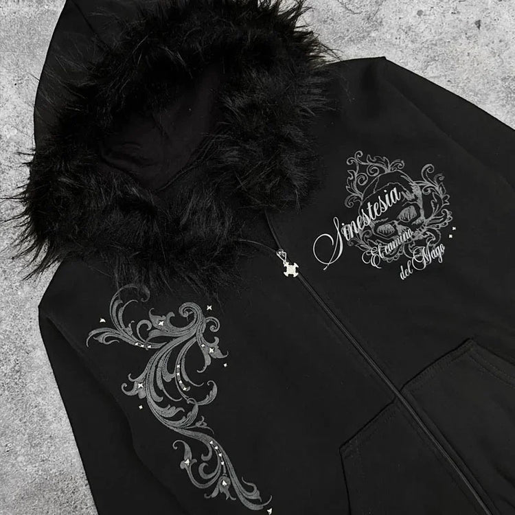 Black zip-up hoodie with faux fur hood, silver gothic embroidery, relaxed fit, streetwear style