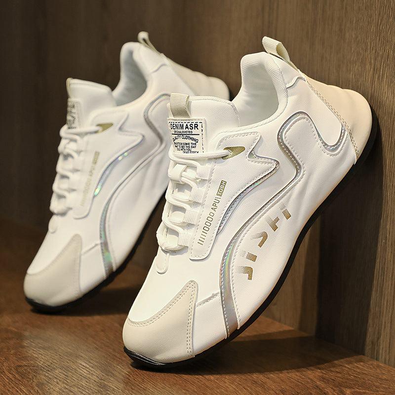 White streetwear sneakers with iridescent trim, synthetic leather, low-top fit