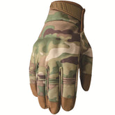 Camo print tactical glove with adjustable wrist strap, lightweight fabric, and regular fit.
