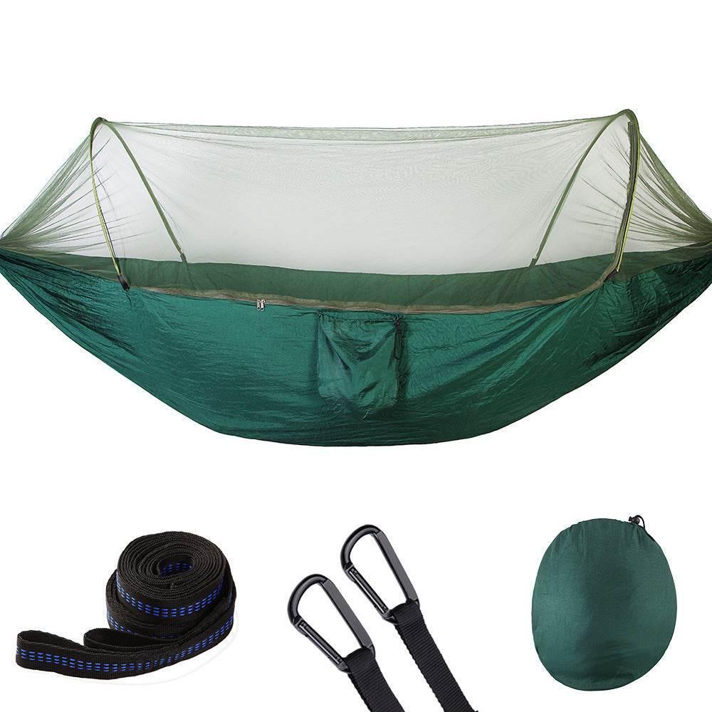 Green lightweight nylon hammock with mosquito net, black straps, and carabiners included.
