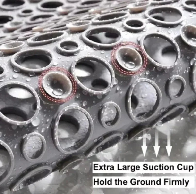 Close-up of gray rubber mat with large suction cups and water droplets, non-slip design