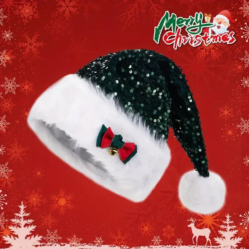 Black sequin Christmas hat with white faux fur trim, festive bow, and pom-pom, on red background
