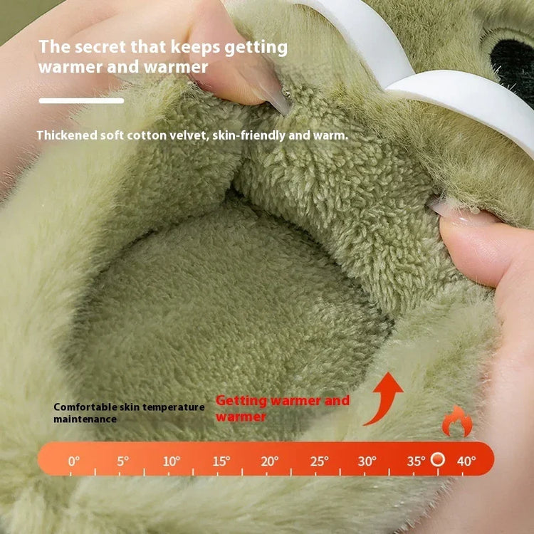 Close-up of thick green cotton velvet slipper, soft plush material for warmth, cozy fit.