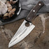 Stainless steel chef knife with dark wooden handle on rustic wood surface, next to garlic cloves