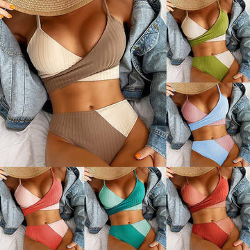 Two-tone ribbed bikini sets in various colors, high-waisted fit, trendy summer swimwear.
