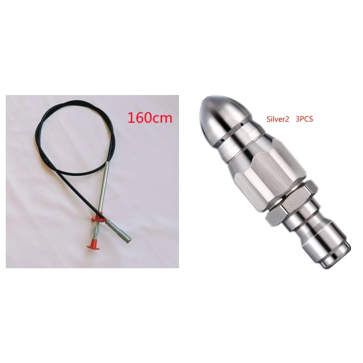 Metallic nozzle and 160cm flexible cable on white background, tech accessory parts