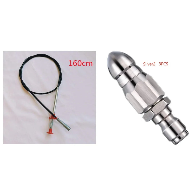 Metallic nozzle and 160cm flexible cable on white background, tech accessory parts