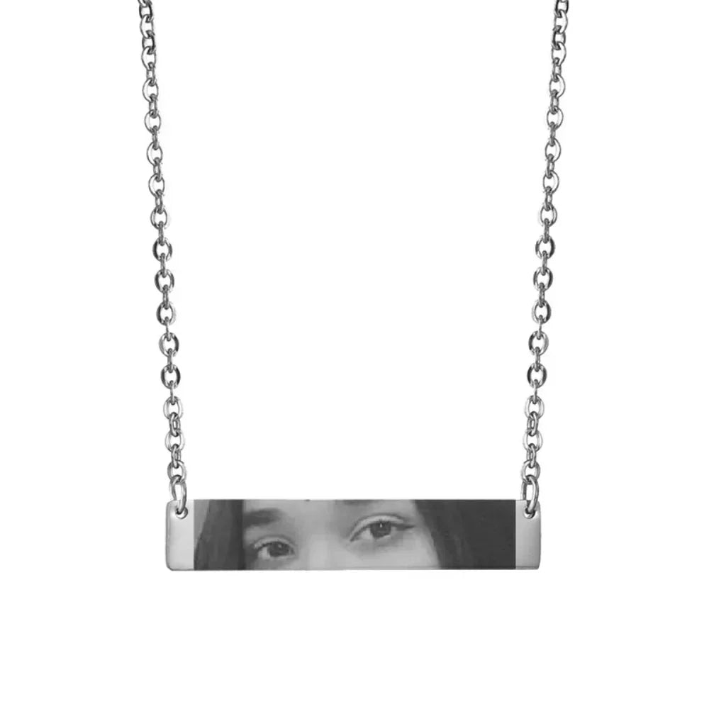 Silver bar necklace with engraved black and white portrait, minimalist streetwear jewelry