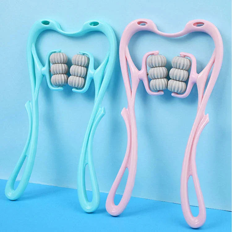 Blue and pink plastic roller massagers with ergonomic handles and gray wheels on a blue background