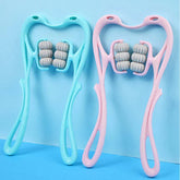 Blue and pink plastic roller massagers with ergonomic handles and gray wheels on a blue background