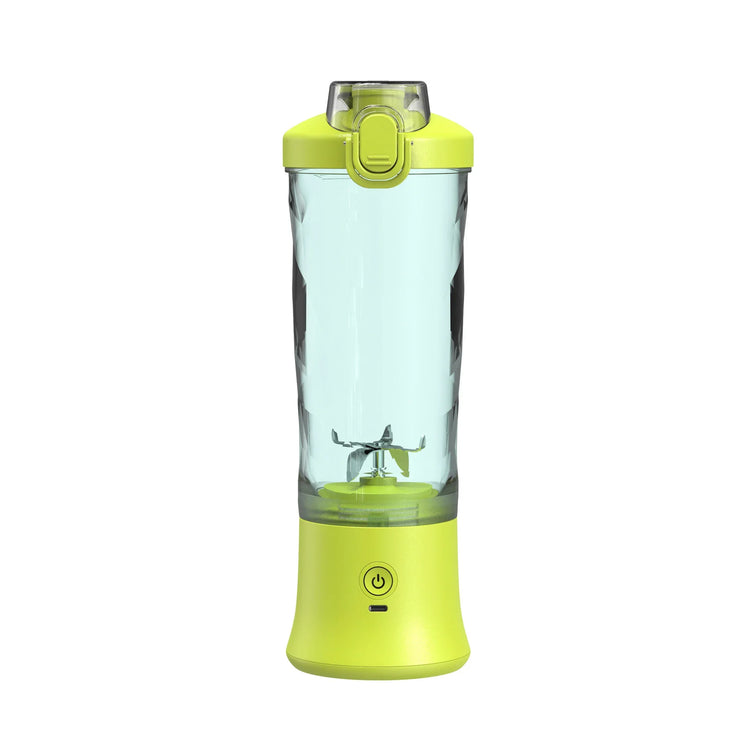 Lime green portable blender with clear plastic body and secure flip-top lid
