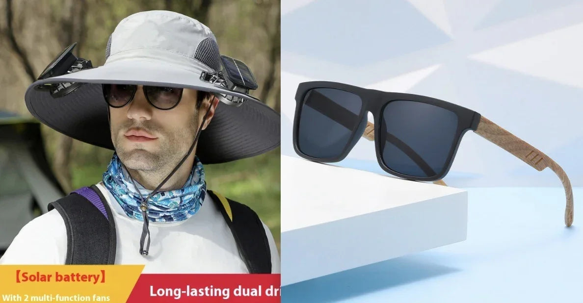 Wide-brim sun hat with solar-powered fans and sporty sunglasses with wood-textured arms