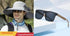 Wide-brim sun hat with solar-powered fans and sporty sunglasses with wood-textured arms