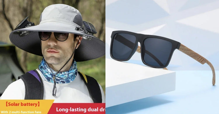Wide-brim sun hat with solar-powered fans and sporty sunglasses with wood-textured arms