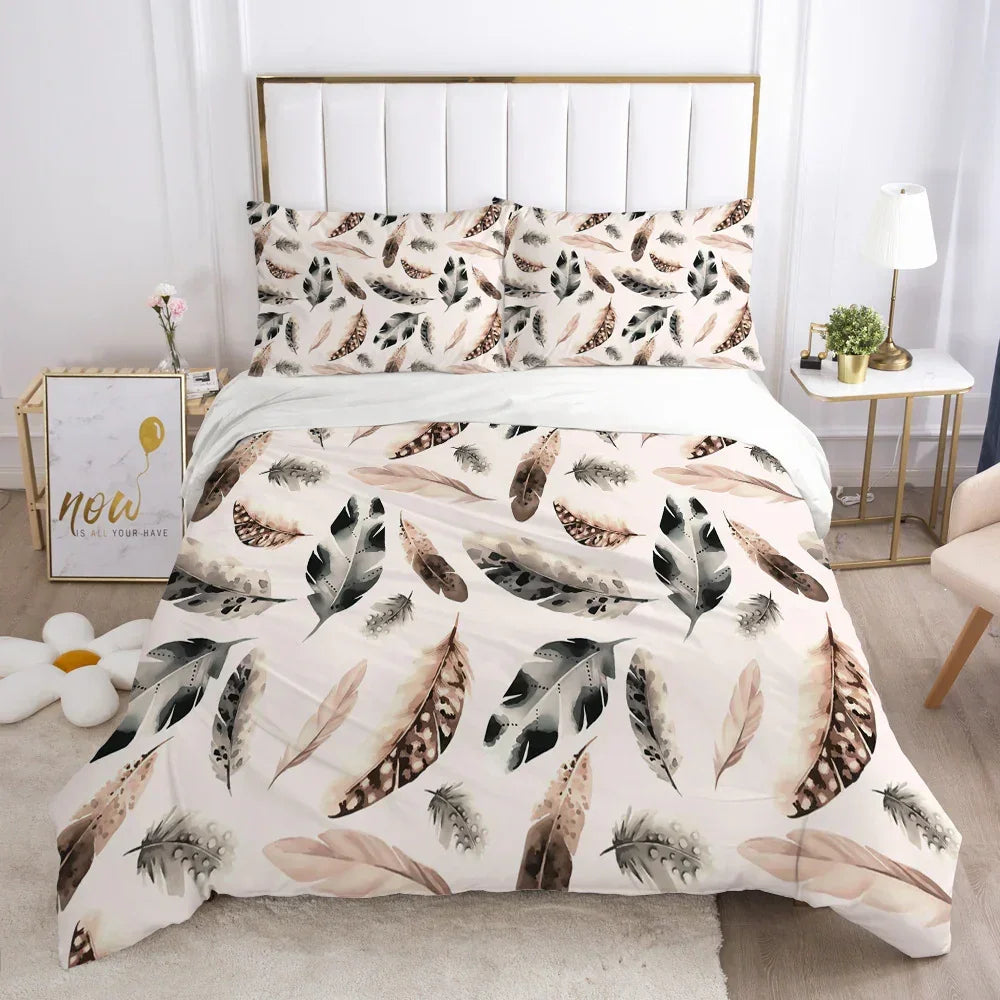 Beige and white feather print bedding set with matching pillowcases, modern bedroom decor.