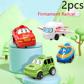 Colorful cartoon toy vehicles set, including a red car, white airplane, green SUV, and blue scooter, made of plastic with playful designs.