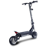 Black electric scooter with thick tires, sleek metal frame, and disc brakes on a white background.