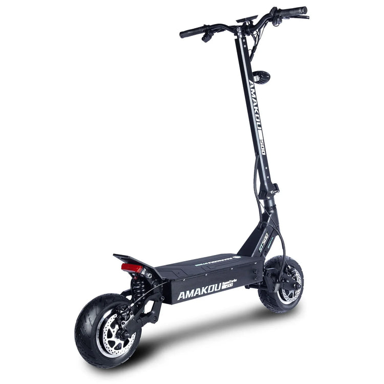 Black electric scooter with thick tires, sleek metal frame, and disc brakes on a white background.