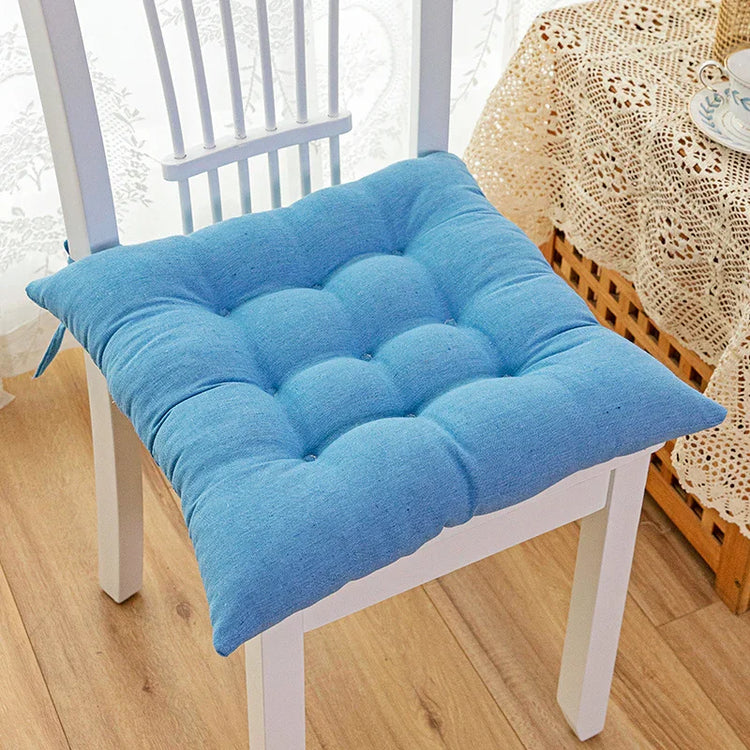 Soft blue tufted seat cushion on white wooden chair, cotton fabric, square shape, modern fit