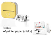 Yellow portable thermal printer with four rolls of sticky printer paper, one printing a bus illustration.