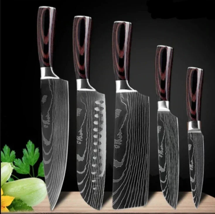 Set of five Damascus steel kitchen knives with dark wood handles on black background