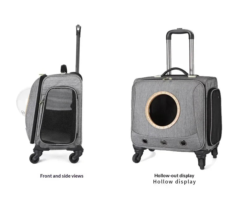Gray fabric rolling pet carrier with mesh panels, telescoping handle, and circular window