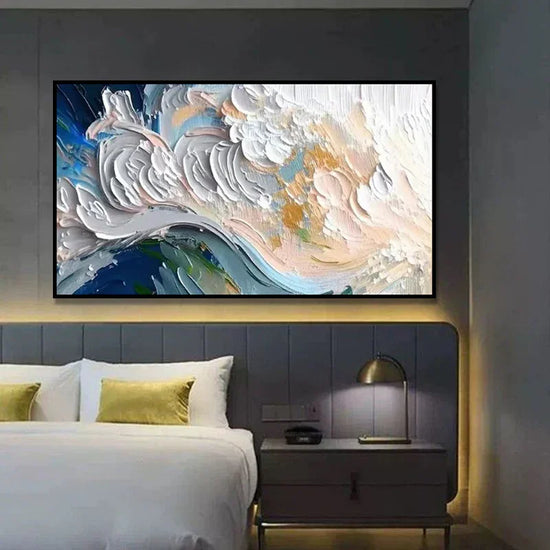 Modern bedroom with a large abstract textured wall art in pastel and bold colors above the bed.