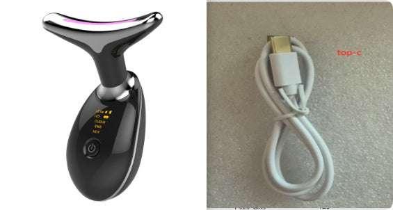 Futuristic black handheld beauty device with digital display, included USB Type-C charging cable