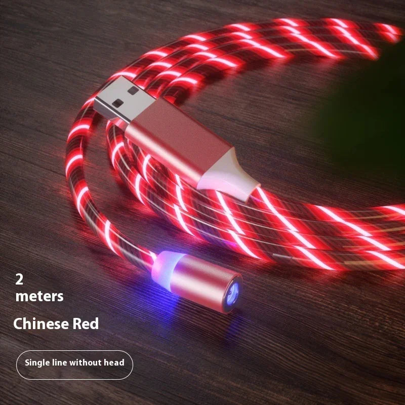 Red LED USB charging cable, 2 meters, glowing spiral design, metallic finish