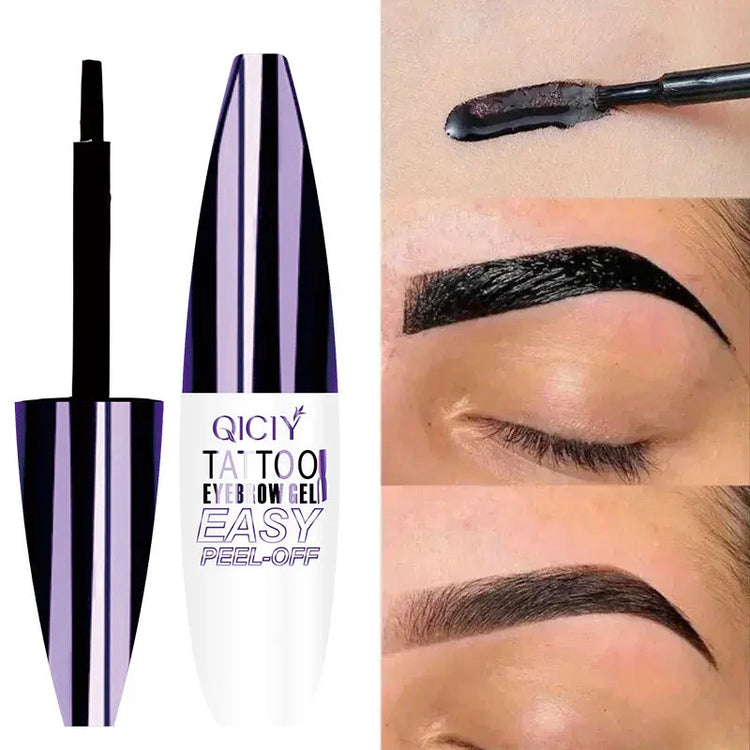 Peel-off eyebrow gel for bold, defined brows, showing application and finished look.