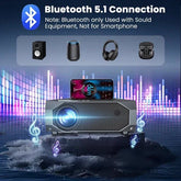 Modern digital projector with blue LED lens, projecting music theme, shows Bluetooth 5.1 connection for sound equipment.