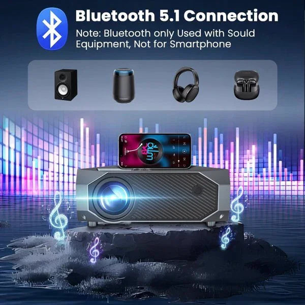 Modern digital projector with blue LED lens, projecting music theme, shows Bluetooth 5.1 connection for sound equipment.