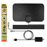 Black rectangular indoor TV antenna with hexagonal pattern, long coaxial cable, and USB adapter, flat modern design, shown with channel icons on the side.