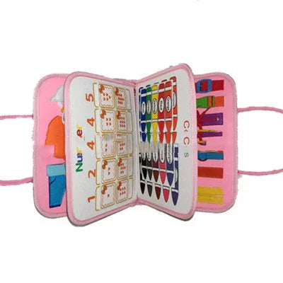 Pink felt educational activity book with colorful interactive pages and learning tools
